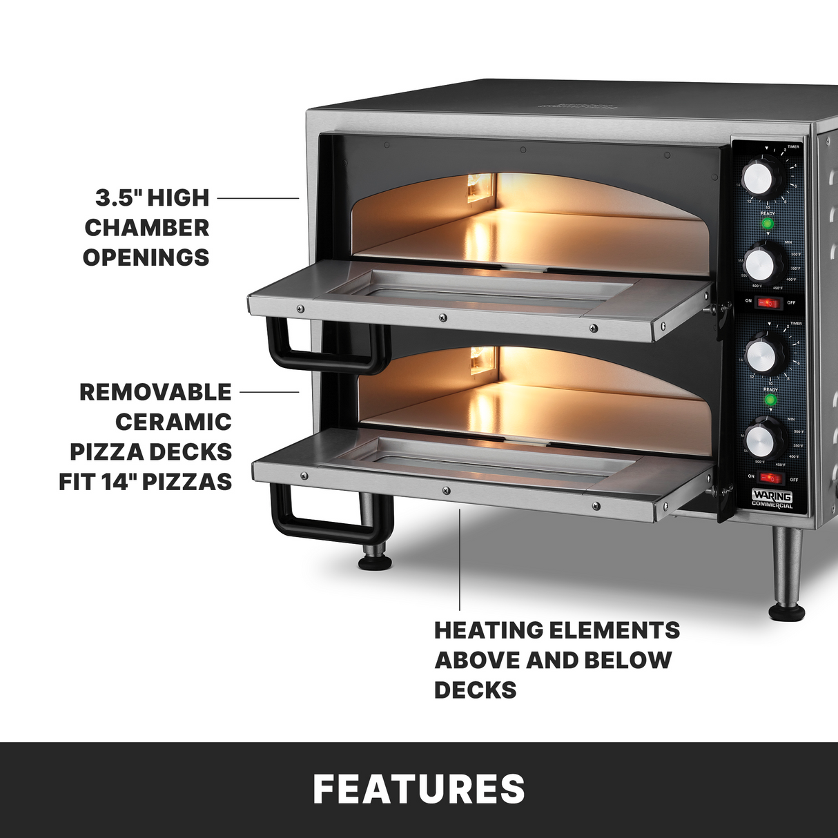 A stainless steel Double-Deck Pizza Oven with open doors reveals glowing heating elements above and below each ceramic pizza deck. Text highlights 3.5” high chambers, decks fitting 14” pizzas, a features section below, and control knobs on the right.
