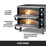 A stainless steel Double-Deck Pizza Oven with open doors reveals glowing heating elements above and below each ceramic pizza deck. Text highlights 3.5” high chambers, decks fitting 14” pizzas, a features section below, and control knobs on the right.