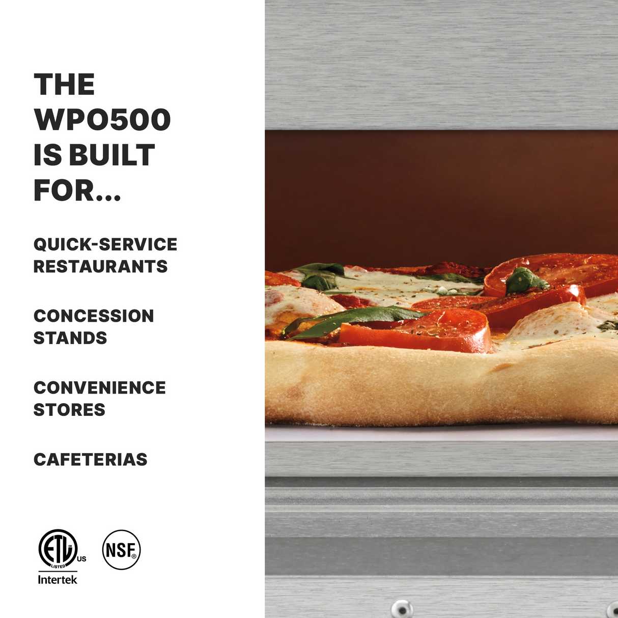 A close-up of a pizza with tomato and spinach bakes inside the Waring WPO500 Single Deck Pizza Oven. On the left, text reads: The WPO500 is built for quick-service restaurants, concession stands, convenience stores, cafeterias. Certification logos shown below.