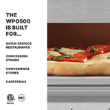 A close-up of a pizza with tomato and spinach bakes inside the Waring WPO500 Single Deck Pizza Oven. On the left, text reads: The WPO500 is built for quick-service restaurants, concession stands, convenience stores, cafeterias. Certification logos shown below.