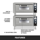 The Waring WPO500 is a versatile countertop pizza oven featuring two stacked stainless steel units with front doors, control panels on the right, a 3.5" chamber opening, adjustable legs, and a removable ceramic pizza deck for an 18" pizza.