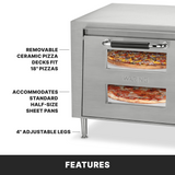 A stainless steel double-deck pizza oven with two windows showing pizzas inside. Text highlights removable ceramic pizza decks for 18 pizzas, fits half-size sheet pans, and features 4-inch adjustable legs. "FEATURES" appears at the bottom.