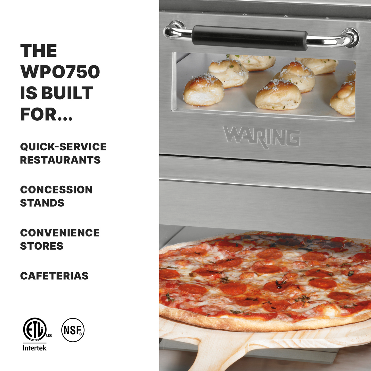 A stainless steel Double-Deck Pizza Oven bakes garlic knots above while a pepperoni pizza on a wooden peel slides out below. Text on the left lists uses: quick-service restaurants, concession stands, convenience stores, cafeterias.