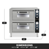 A countertop Double-Deck Pizza Oven crafted from stainless steel with black handles, four dials, and two temperature gauges on the right. The oven stands on four legs. Dimensions: width 28, height 27, depth 25. “DIMENSIONS” is written below.