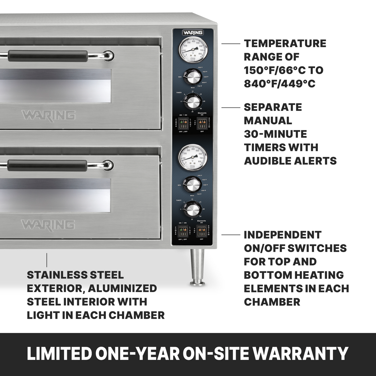 This Double-Deck Pizza Oven features stainless steel chambers with pull handles, control dials, manual timers, independent heating controls, aluminized steel interior lights, and a limited one-year on-site warranty.