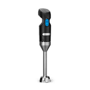 A modern black and silver light duty immersion blender stands upright. The handle is black with a large blue button and a small silver accent. The stainless steel shaft ends in a bell-shaped blade guard with visible blades underneath.