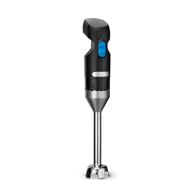 A sleek black and silver Immersion Blender featuring a stainless steel shaft, a black ergonomic handle, and a large blue button on the front. The blender’s base has a metal blade guard for safe mixing and blending.