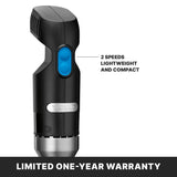 A black Quik Stik handheld device with a blue button labeled “Hi” and “Low.” Text beside it reads “2 speeds, lightweight and compact”—ideal for light duty. A metallic band is at the bottom, plus a banner: “LIMITED ONE-YEAR WARRANTY.”.