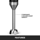 A light duty Quik Stik immersion blender with a 7-inch fixed stainless steel shaft is shown. Text notes its 3-gallon or 12-quart capacity. A black band at the bottom displays "FEATURES" in bold white text.