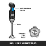 A black and silver Waring Quik Stik immersion blender with labels highlighting the high-efficiency 2-speed switch, shaft, and stainless steel blade. A close-up of the blade appears on the right. Text below reads INCLUDED WITH WSB35.
