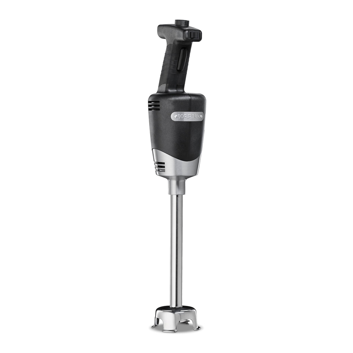 A medium duty immersion blender with a long metal blending shaft, vented plastic guard, and black ergonomic handle with a rotary dial stands upright against a white background. Perfect for tasks up to 24 qt capacity.