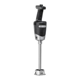 A medium duty immersion blender with a long metal blending shaft, vented plastic guard, and black ergonomic handle with a rotary dial stands upright against a white background. Perfect for tasks up to 24 qt capacity.