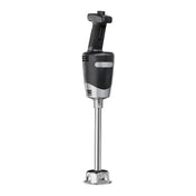 A medium duty immersion blender with a long metal blending shaft, vented plastic guard, and black ergonomic handle with a rotary dial stands upright against a white background. Perfect for tasks up to 24 qt capacity.