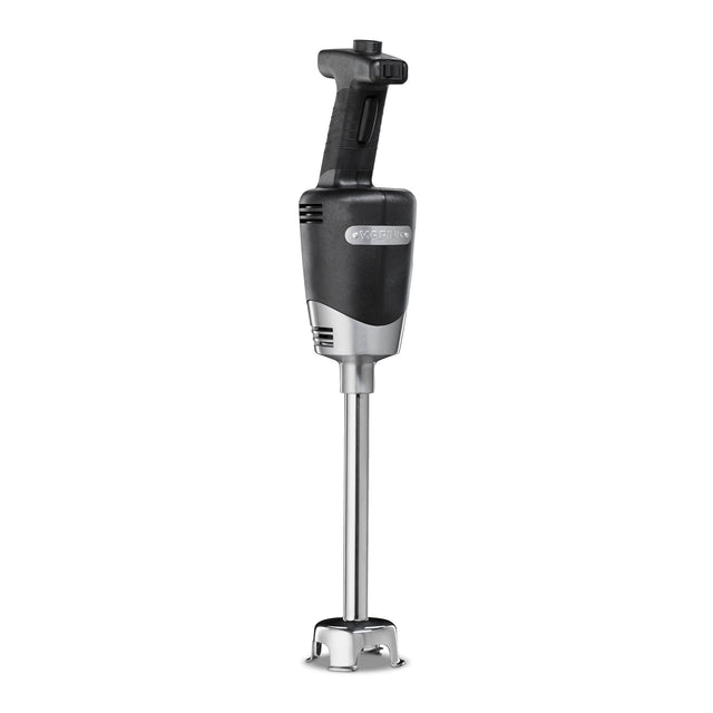A medium duty immersion blender with a long metal blending shaft, vented plastic guard, and black ergonomic handle with a rotary dial stands upright against a white background. Perfect for tasks up to 24 qt capacity.