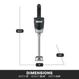 A black and silver, medium duty immersion blender stands upright. Lines indicate its dimensions: height 22.4, width 5, and depth 5.5. The background is white, with DIMENSIONS and the size details at the bottom in bold white text on black.