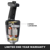 A partially transparent immersion blender handle reveals internal components like copper coils and gears. A label points to the medium duty 2-speed ½ HP motor. A black banner at the bottom reads, Limited One-Year Warranty in white text.
