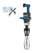 A handheld Waring Heavy-Duty Big Stix immersion mixer, labeled “BIG STIK EVOLUTION X,” features a blue and black handle, support grip, and dual EvolutionX Whisk attachments. It boasts a modern, industrial design on a white background.
