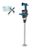 A Waring Big Stik EvolutionX heavy-duty immersion blender features a 21" stainless steel shaft, black and blue handle, safety guard, and a metal blending blade. The product name and logo appear in blue and black on the left, set against a white background.