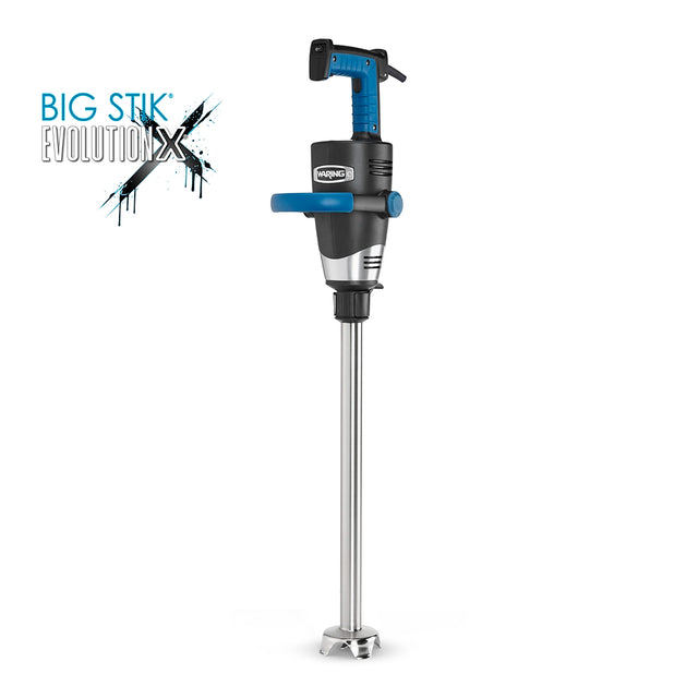 A Waring Big Stik EvolutionX heavy-duty immersion blender features a 21" stainless steel shaft, black and blue handle, safety guard, and a metal blending blade. The product name and logo appear in blue and black on the left, set against a white background.