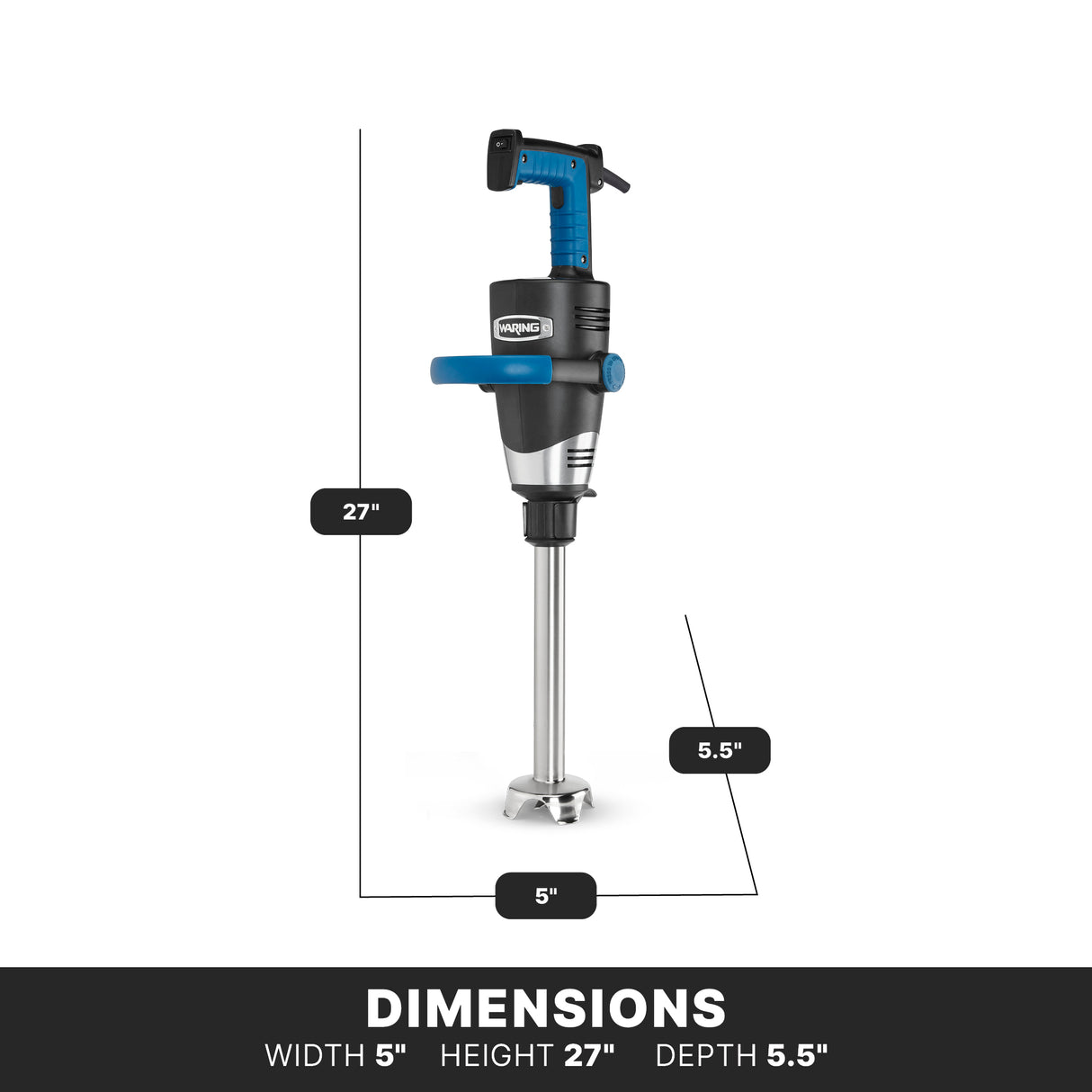 A Heavy-Duty Immersion Blender stands upright with a blue handle and black body. It features a stainless steel removable shaft and blade. Lines show its measurements: height 27 inches, depth 5.5 inches, width 5 inches—boldly listed below in white text.