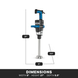 A Heavy-Duty Immersion Blender stands upright with a blue handle and black body. It features a stainless steel removable shaft and blade. Lines show its measurements: height 27 inches, depth 5.5 inches, width 5 inches—boldly listed below in white text.