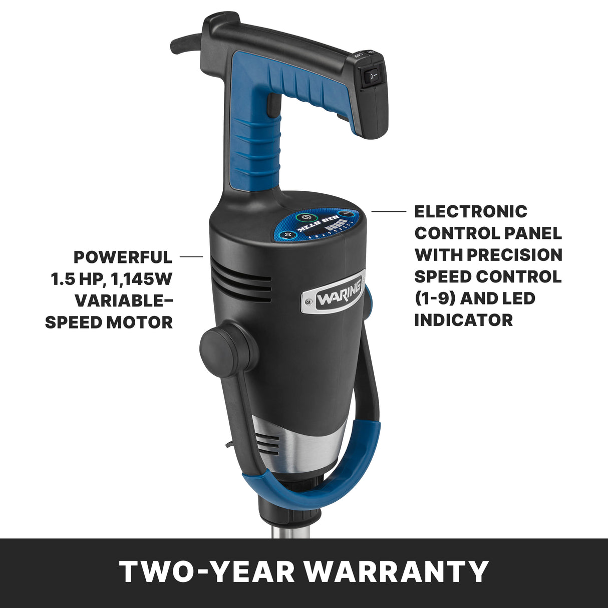 Close-up of a Heavy-Duty Immersion Blender in black and blue, featuring a stainless steel removable shaft, 1.5 HP motor, electronic control panel with nine speeds, LED indicator, 40 qt capacity, and a two-year warranty.