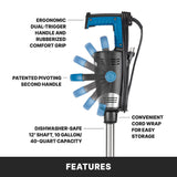 A Heavy-Duty Immersion Blender with a blue ergonomic handle, swiveling second handle, 40 qt capacity, stainless steel removable shaft, dual-trigger grip, pivoting handle, and coiled power cord with convenient cord wrap. Shaft is dishwasher-safe.