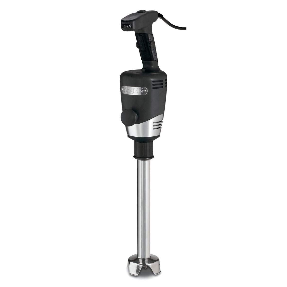 A heavy duty immersion blender with a black handle, control buttons on top, a sturdy motor body, and a long stainless steel blending shaft ending in a protective blade guard. The power cord extends from the handle’s top. Suitable for up to 40 quart capacity.