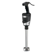 A heavy duty immersion blender with a black handle, control buttons on top, a sturdy motor body, and a long stainless steel blending shaft ending in a protective blade guard. The power cord extends from the handle’s top. Suitable for up to 40 quart capacity.