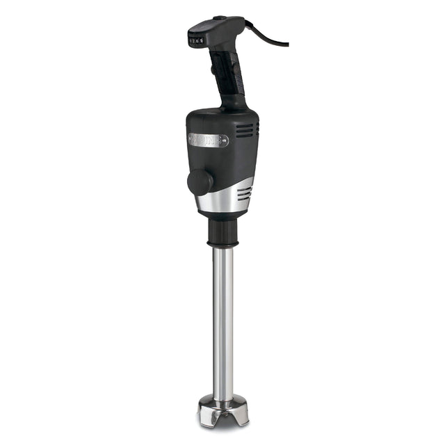 A heavy duty immersion blender with a black handle, control buttons on top, a sturdy motor body, and a long stainless steel blending shaft ending in a protective blade guard. The power cord extends from the handle’s top. Suitable for up to 40 quart capacity.