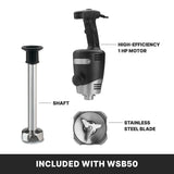 Image of a heavy duty immersion blender with its parts labeled: a black-and-silver handle with “high-efficiency 1 HP motor,” detachable shaft, and close-up of the stainless steel blade. At bottom: “Included with WSB50, suitable for up to 40 qt capacity.”.