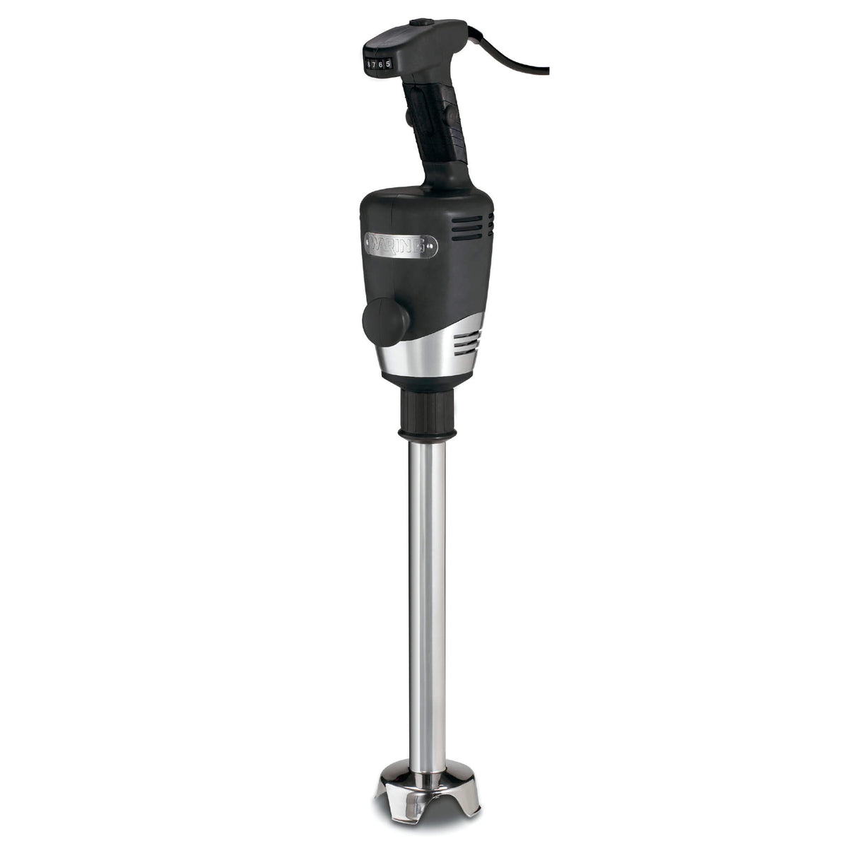 A heavy duty, commercial-grade black and silver immersion blender features a long stainless steel blending shaft, protective blade guard, ergonomic handle with ventilation slots, power cord, and control buttons—ideal for blending up to 60 qt capacity.