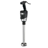 A heavy duty, commercial-grade black and silver immersion blender features a long stainless steel blending shaft, protective blade guard, ergonomic handle with ventilation slots, power cord, and control buttons—ideal for blending up to 60 qt capacity.