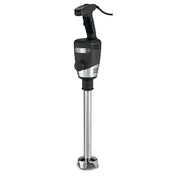 A heavy duty, commercial-grade black and silver immersion blender features a long stainless steel blending shaft, protective blade guard, ergonomic handle with ventilation slots, power cord, and control buttons—ideal for blending up to 60 qt capacity.