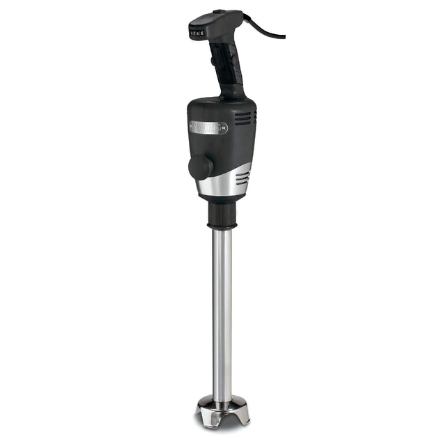 A heavy duty immersion blender with a black handle, control switch, and stainless steel blending shaft ending in a protective metal guard around the blades. The design is sleek and modern, ideal for commercial kitchens with up to 60 qt capacity.