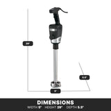 A tall heavy duty immersion blender with a black handle and 14" stainless steel shaft stands upright. Text and lines display its dimensions: 29-inch height, 5-inch width at the base, and 5.5-inch depth. A black bar at the bottom lists the dimensions.