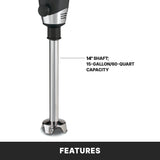 Close-up image of a heavy duty immersion blender’s lower section with a 14" stainless steel shaft. A label points to the shaft, noting its 14" length and 15-gallon (60-quart) capacity. The background is white, with “FEATURES” in bold text below.