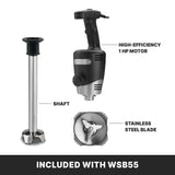 Image showing three parts of a heavy duty immersion blender: a black and silver motor unit labeled “High-Efficiency 1 HP Motor,” a long 14" stainless steel shaft, and a stainless steel blade. Text at the bottom reads, “Included with WSB55.”.