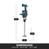 Image of a heavy-duty immersion blender with a 31-inch stainless steel shaft, 5 inches wide, and 5.5 inches deep. The black and blue blender is ideal for up to 60 qt capacity. Below is a black band with DIMENSIONS in bold white text.