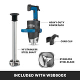 Image showing parts of a heavy-duty immersion blender: a blue-handled power pack, 16” stainless steel shaft, stainless steel blade, and cord clip. Text reads “Included with WSB600X” in a black bar at the bottom.