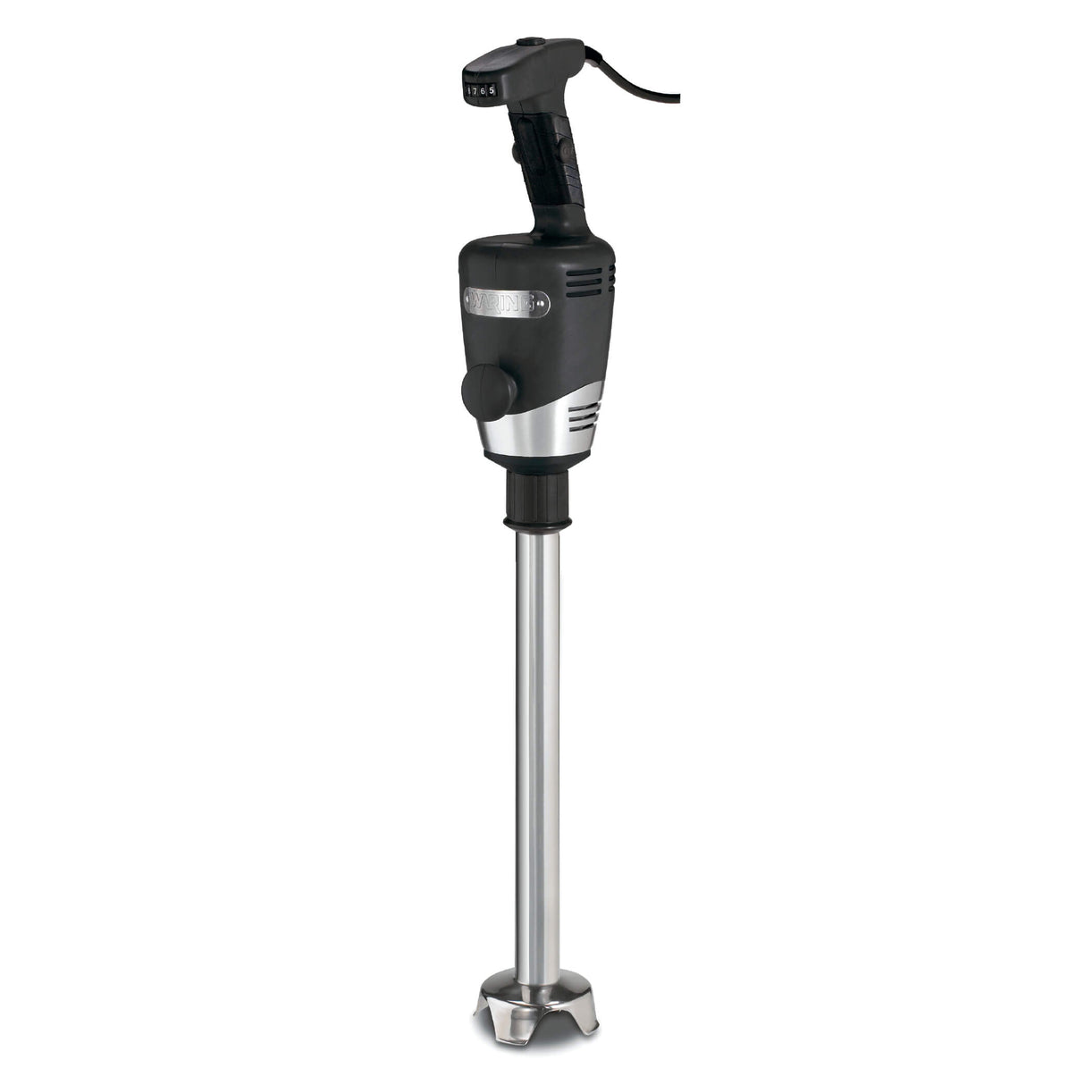 A black and silver heavy duty immersion blender with a long stainless steel blending shaft, ergonomic black handle with power cord, and control buttons on top, designed for mixing and blending tasks up to 100 qt capacity.