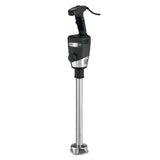 A black and silver heavy duty immersion blender with a long stainless steel blending shaft, ergonomic black handle with power cord, and control buttons on top, designed for mixing and blending tasks up to 100 qt capacity.
