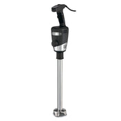 A black and silver heavy duty immersion blender with a long stainless steel blending shaft, ergonomic black handle with power cord, and control buttons on top, designed for mixing and blending tasks up to 100 qt capacity.