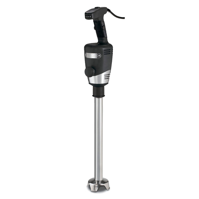 A black and silver heavy duty immersion blender with a long stainless steel blending shaft, ergonomic black handle with power cord, and control buttons on top, designed for mixing and blending tasks up to 100 qt capacity.