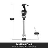 A heavy duty black and silver handheld immersion blender stands upright. Labeled dimensions show height as 31 inches, width as 5 inches, and depth as 5.5 inches. The background is white with a black bar listing the same measurements.