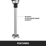 A heavy duty immersion blender with a 16-inch shaft is shown upright. Text highlights its impressive 100 qt capacity. The background is white, with a black footer displaying the word FEATURES in bold white letters.