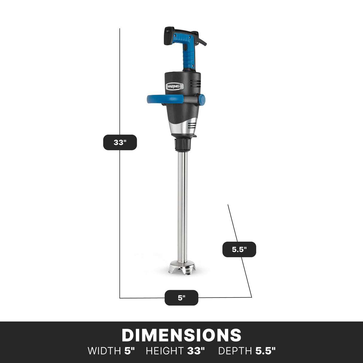 A heavy-duty immersion blender stands upright. It is mostly silver and black with blue accents on the handle. Overlay graphics label its 33-inch height, 5-inch width, and 5.5-inch depth. Features a stainless steel removable shaft for easy cleaning.