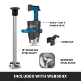 An immersion blender with a blue handle is shown disassembled. Parts include a heavy-duty power pack, stainless steel removable shaft, stainless steel blade, cord clip, and black text labels each part. The caption reads: INCLUDED WITH WSB650X Heavy-Duty Immersion Blender.
