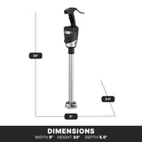 A heavy duty black and silver immersion blender stands upright. Labeled lines indicate its dimensions: 33 inches tall, 5 inches wide at the base, 5.5 inches deep at the blending head. A black banner at the bottom lists the dimensions again.