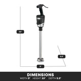A tall, heavy duty immersion blender with a black handle and 18" stainless steel shaft is shown. Labeled dimensions: height 33 inches, width 5 inches, depth 5.5 inches. The blender stands upright against a white background.